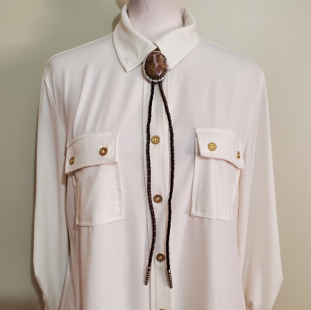 Bolo tie vtg Agate stone silver tone western mens womens unisex trendy accessory